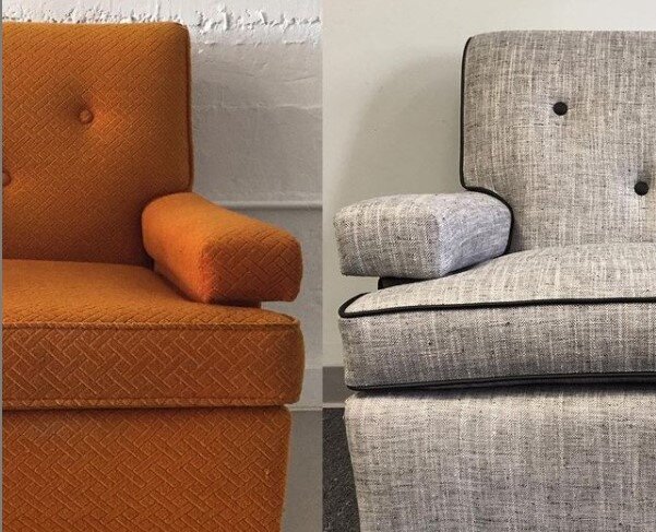 Before and After of a reupholstered, vintage chair with contrasting solid welting. Designer: Richelle Plett, RLP Interiors